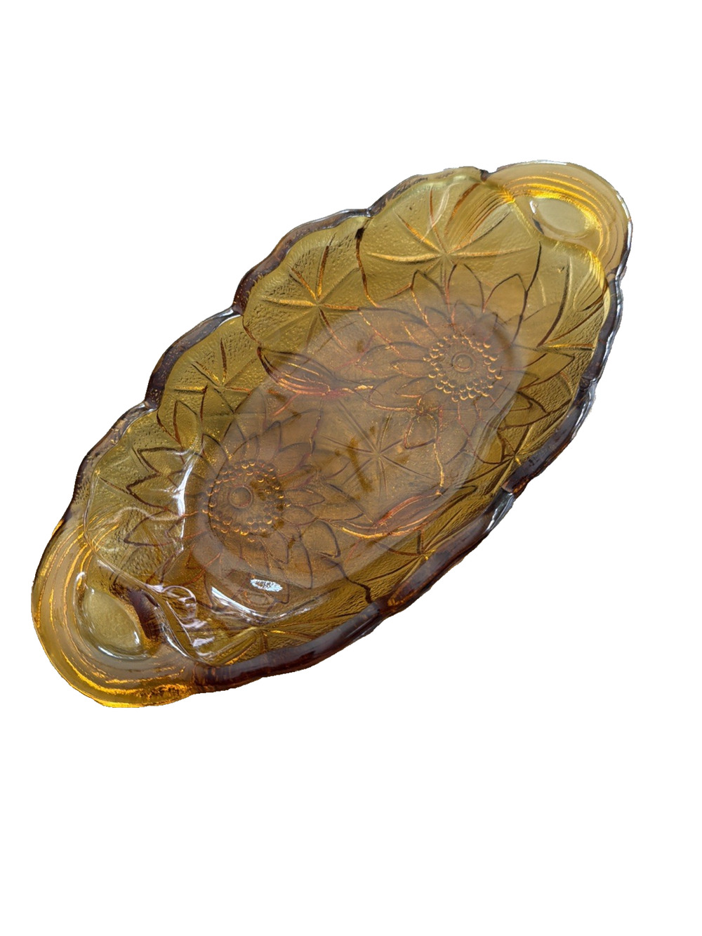 Vintage Indiana Glass Amber Carnival Floral Oval Dish Sunflower Trinket Marigold